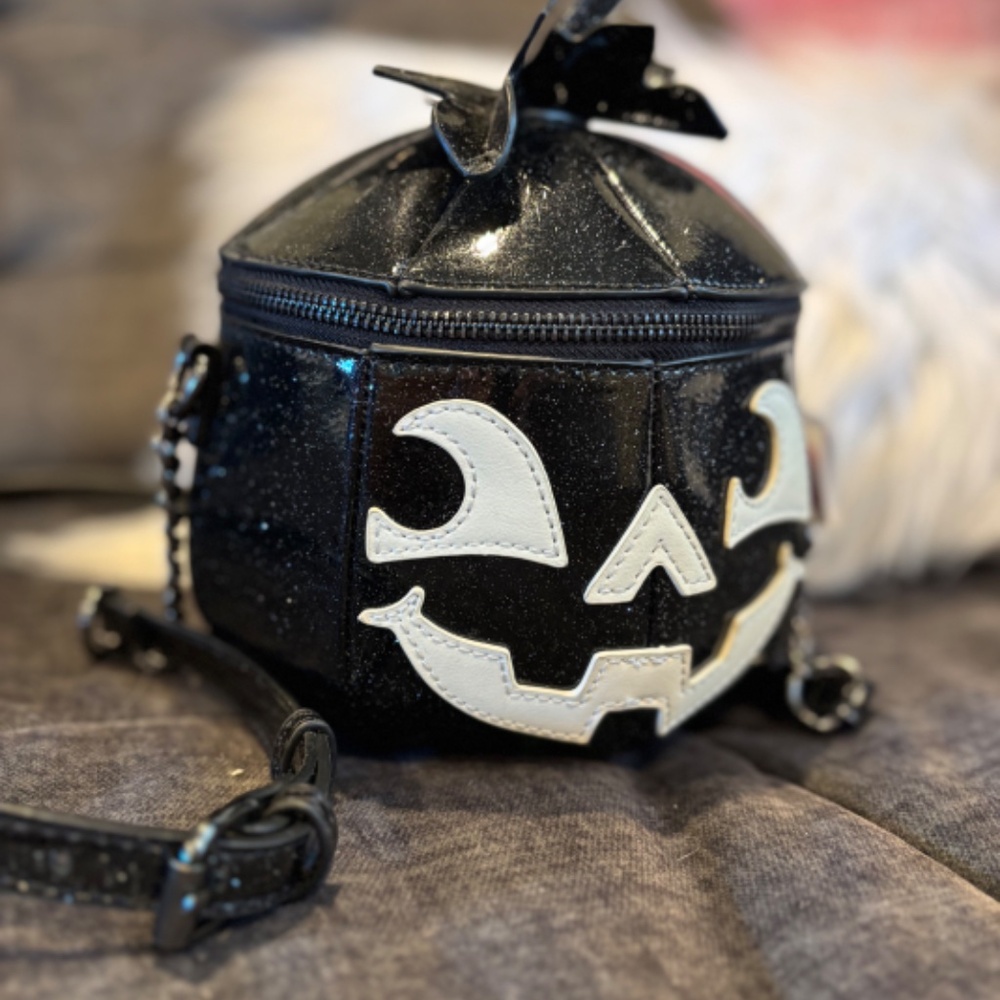 MAD Engine Black Glitter Pumpkin Crossbody Bag with White Face